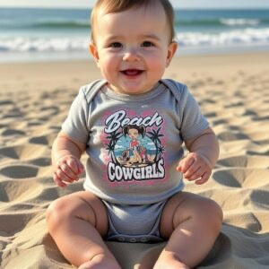 Baby wearing a 'Beach Cowgirls' onesie on a sandy beach.